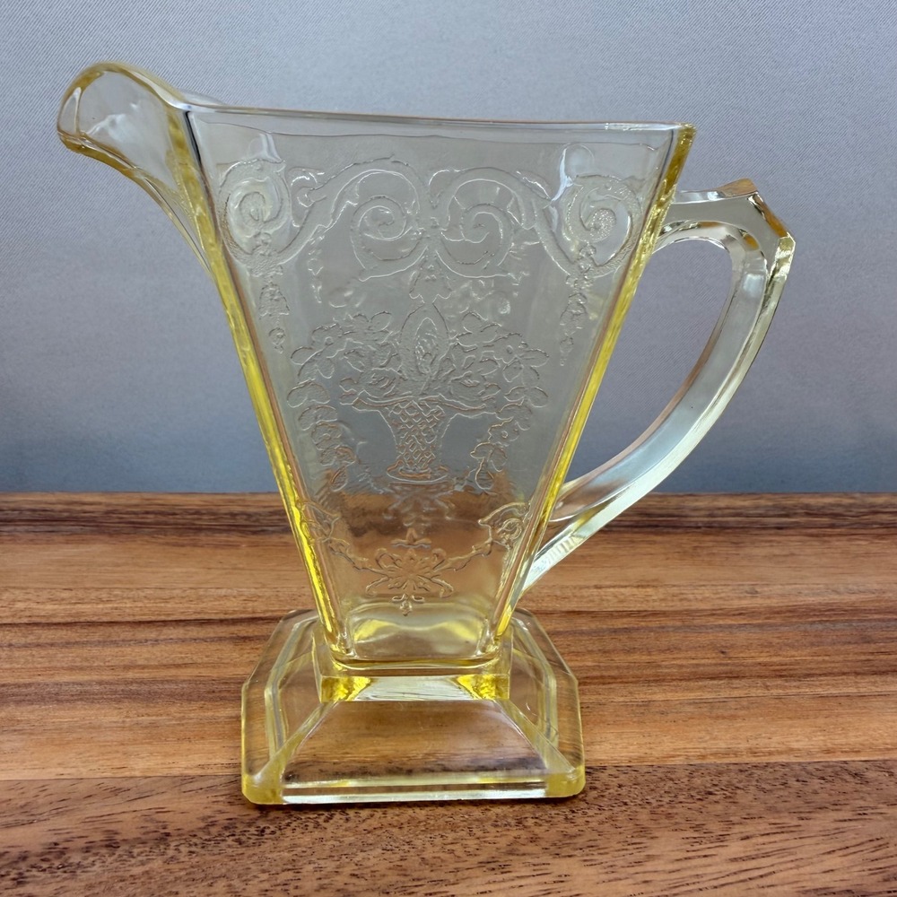 Indiana Glass Lorain Yellow Depression Glass Pitcher Basket Floral Pattern 715